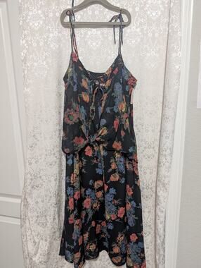 Vintage 70s Mindy Malone Black Floral Layered Tie-Front Midi Dress Junior Sz7